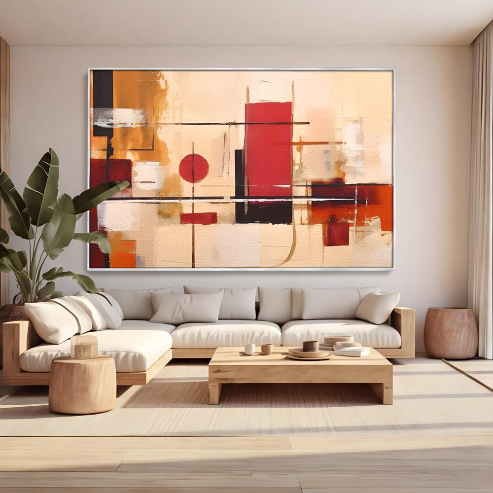 Tablou canvas cu pictura abstracta cu forme geometrice, in rama de aluminiu argintiu, pe perete intr-un living